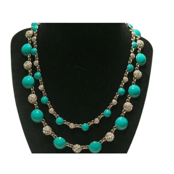 Ann Taylor Gold Tone Turquoise Rhinestone Double Chain Statement Necklace - Picture 4 of 7